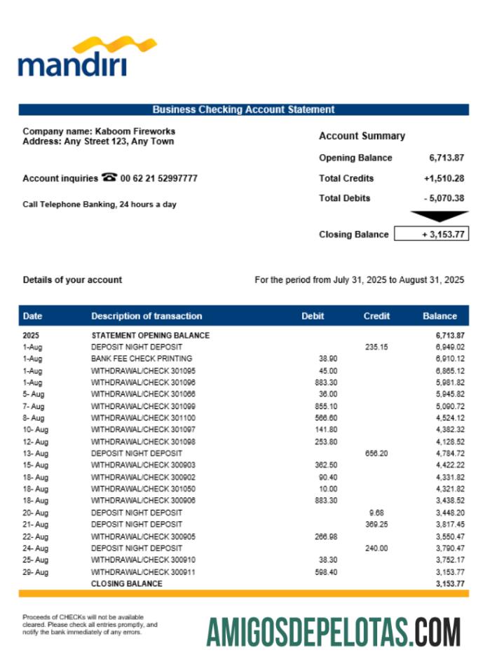 Em branco Mandiri Enterprise modelo de extrato de conta Word e PDF